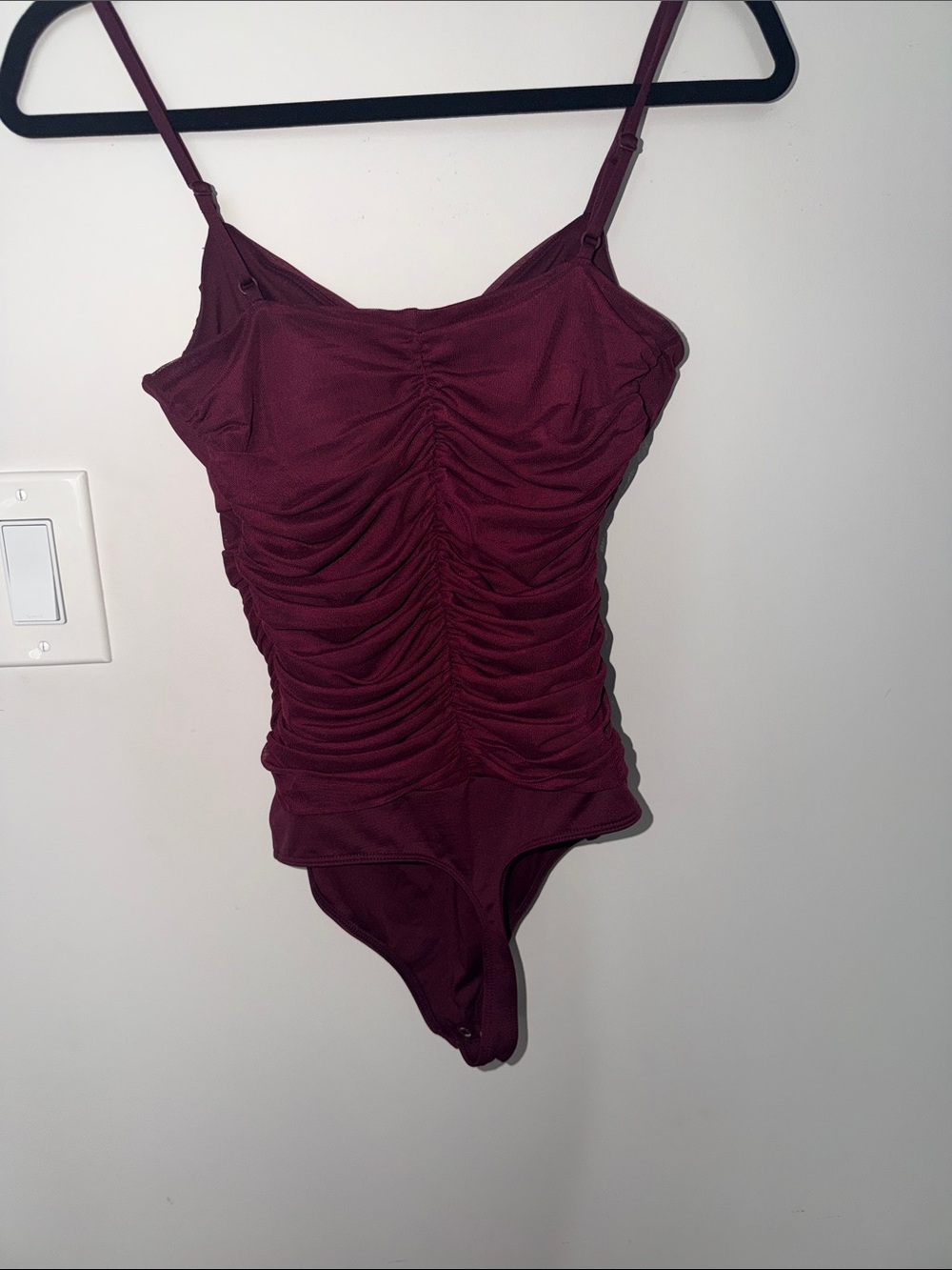 Express Wine-Red Ruched Tank Bodysuit with Adjustable Straps - Picture 3 of 3